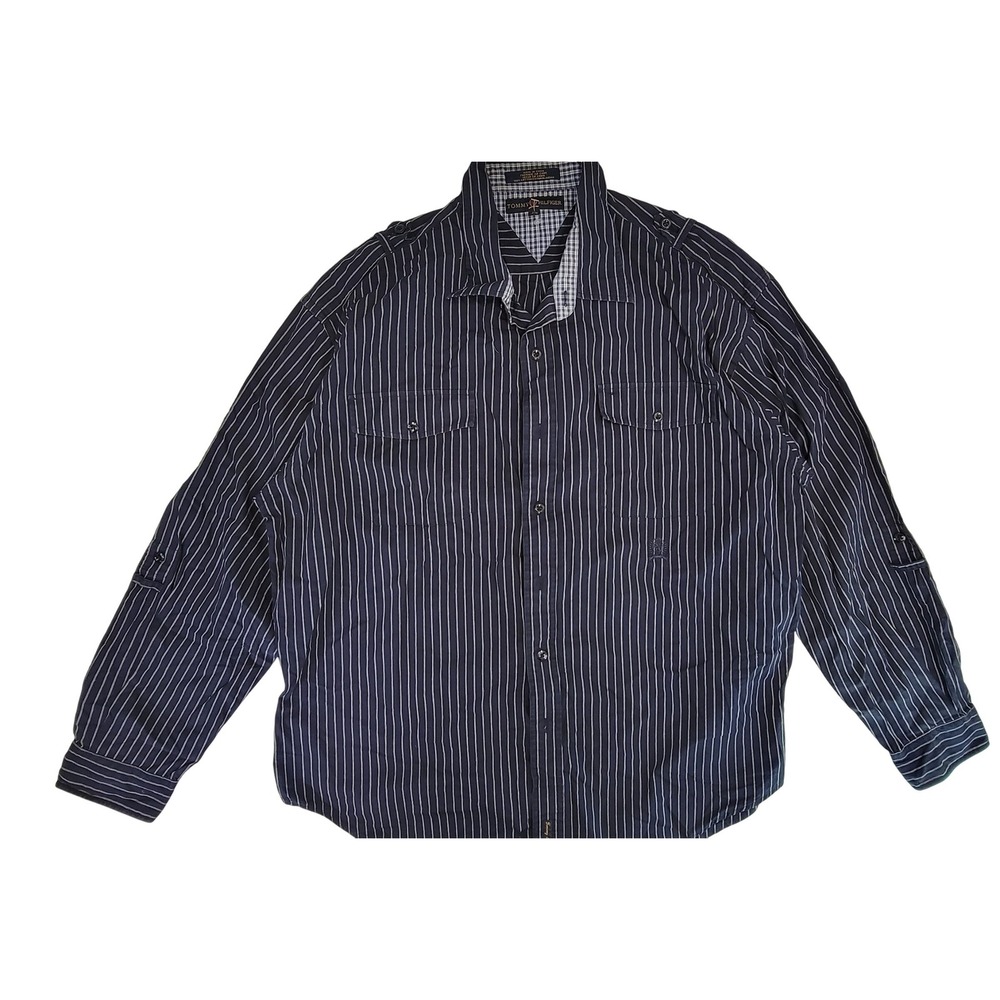Tommy Hilfiger Mens Long Sleeve Button Up Shirt Navy White Pinstripe Casual XL